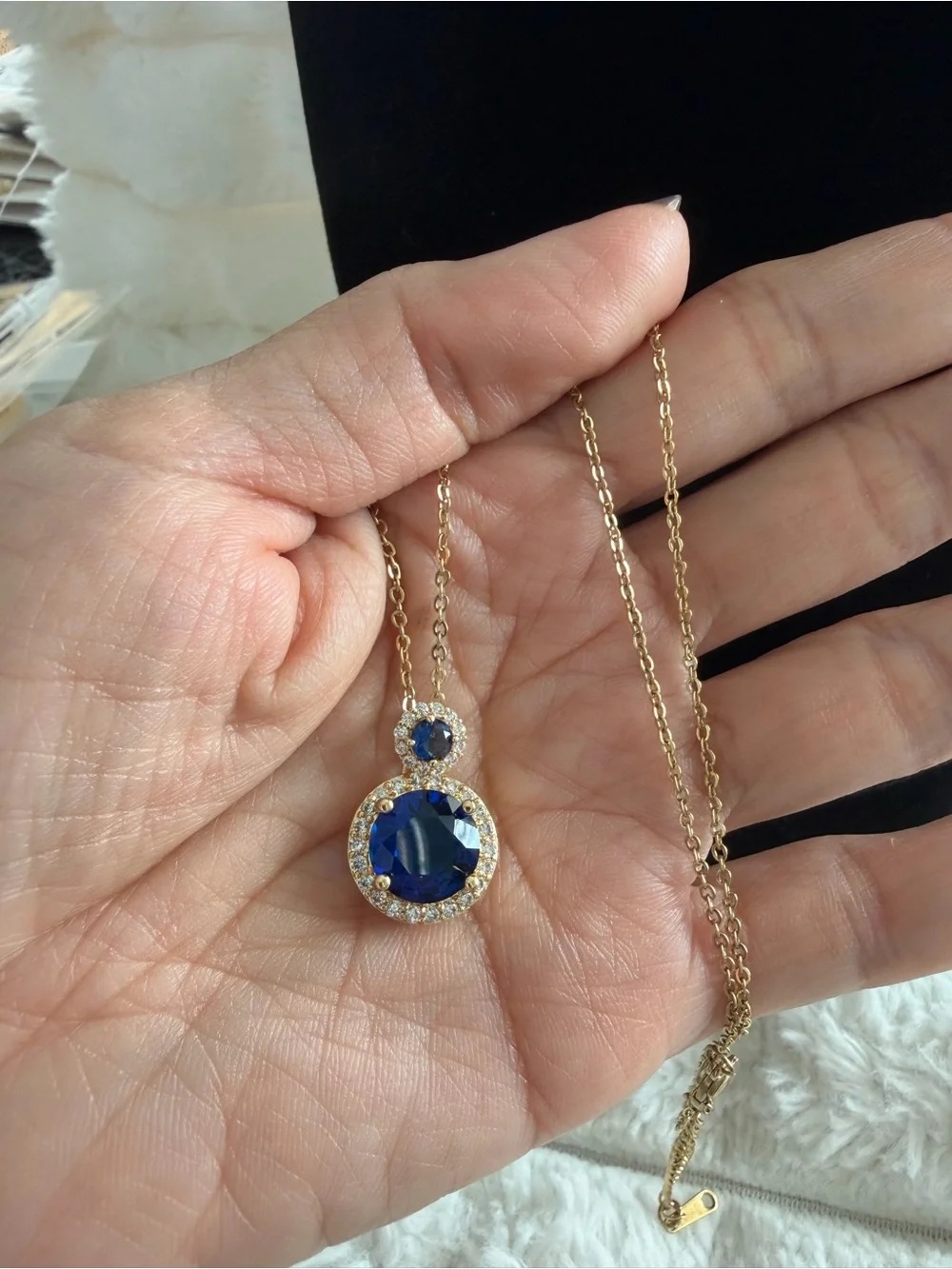 Gold Chain Necklace with Blue Crystal Pendant